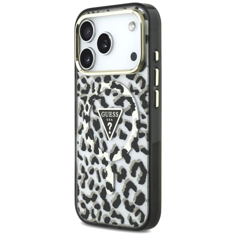 Etui Guess IML Leopard Glitter Triangle Logo MagSafe na iPhone 17 Pro / 18 Pro - czarne - obrazek 2