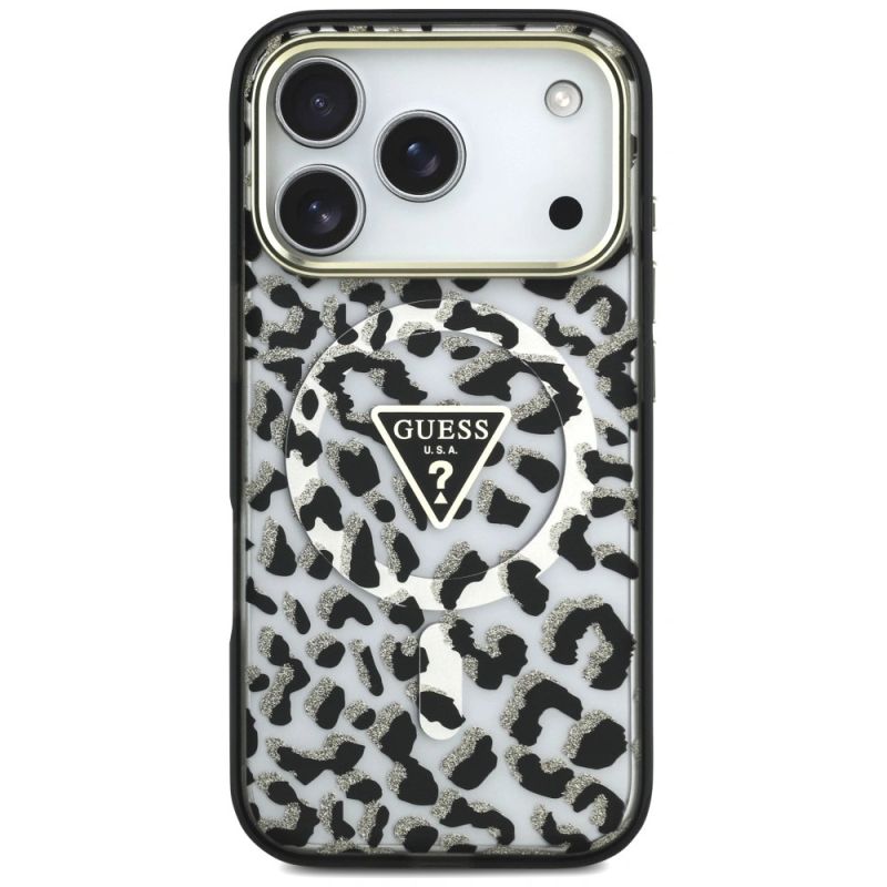 Etui Guess IML Leopard Glitter Triangle Logo MagSafe na iPhone 17 Pro / 18 Pro - czarne - obrazek 3