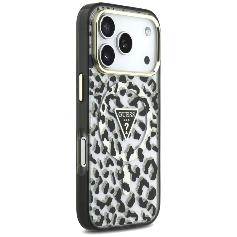 Etui Guess IML Leopard Glitter Triangle Logo MagSafe na iPhone 17 Pro / 18 Pro - czarne - obrazek 4