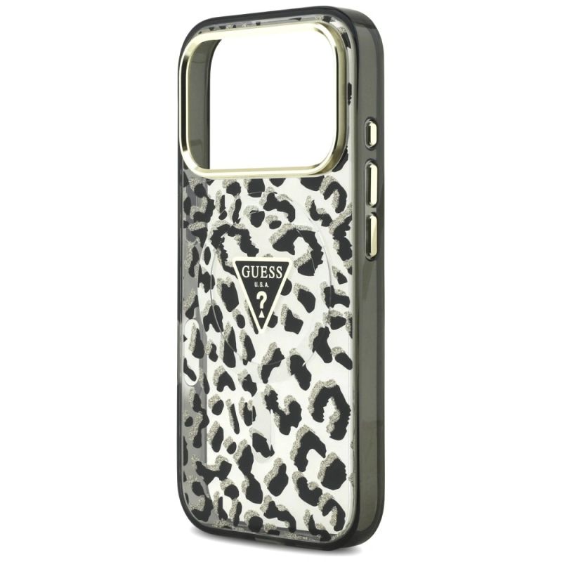 Etui Guess IML Leopard Glitter Triangle Logo MagSafe na iPhone 17 Pro / 18 Pro - czarne - obrazek 6