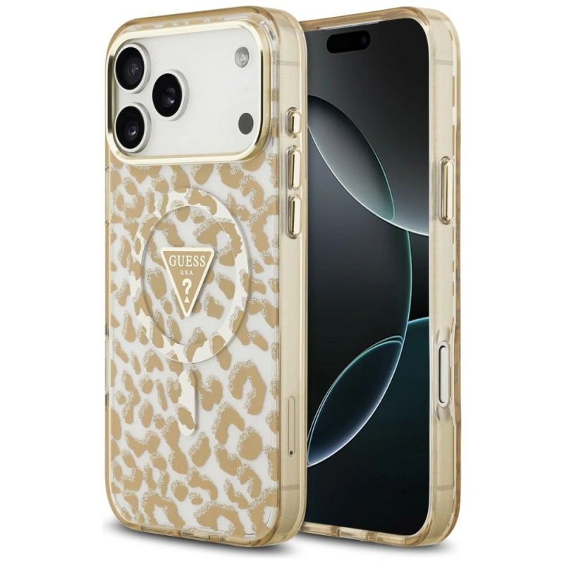 Etui Guess IML Leopard Glitter Triangle Logo MagSafe na iPhone 17 Pro Max / 18 Pro Max - brązowe