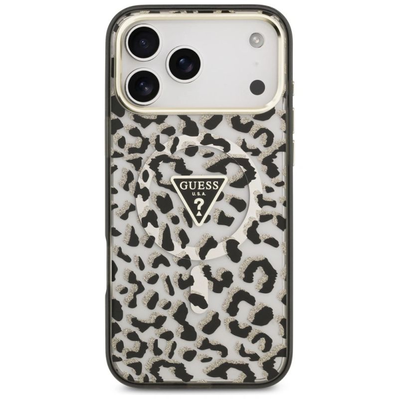 Etui Guess IML Leopard Glitter Triangle Logo MagSafe na iPhone 17 Pro Max / 18 Pro Max - czarne - obrazek 3