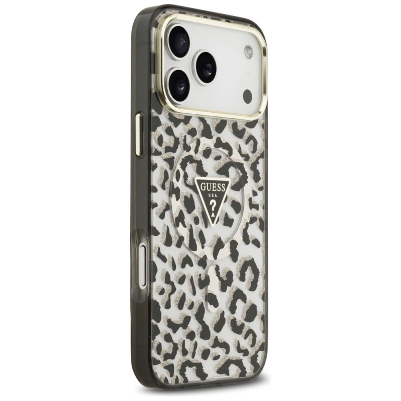 Etui Guess IML Leopard Glitter Triangle Logo MagSafe na iPhone 17 Pro Max / 18 Pro Max - czarne - obrazek 4