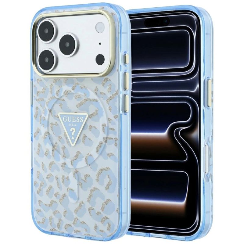Etui Guess IML Leopard Glitter Triangle Logo MagSafe na iPhone 17 Pro Max / 18 Pro Max - niebieskie
