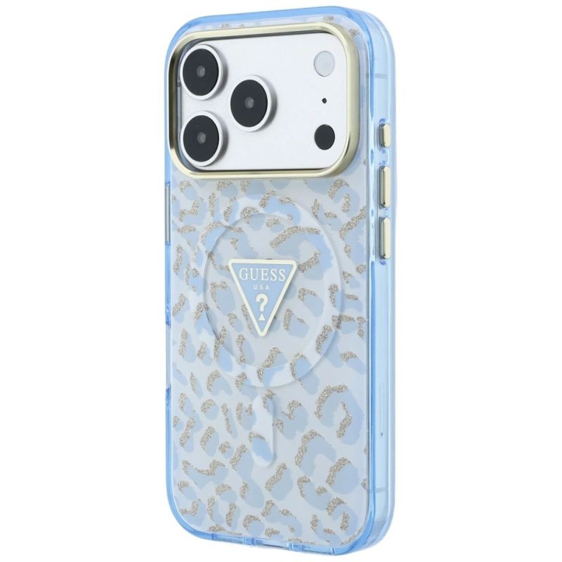 Etui Guess IML Leopard Glitter Triangle Logo MagSafe na iPhone 17 Pro Max / 18 Pro Max - niebieskie - obrazek 2