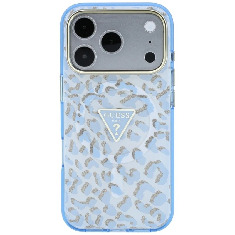 Etui Guess IML Leopard Glitter Triangle Logo MagSafe na iPhone 17 Pro Max / 18 Pro Max - niebieskie - obrazek 3