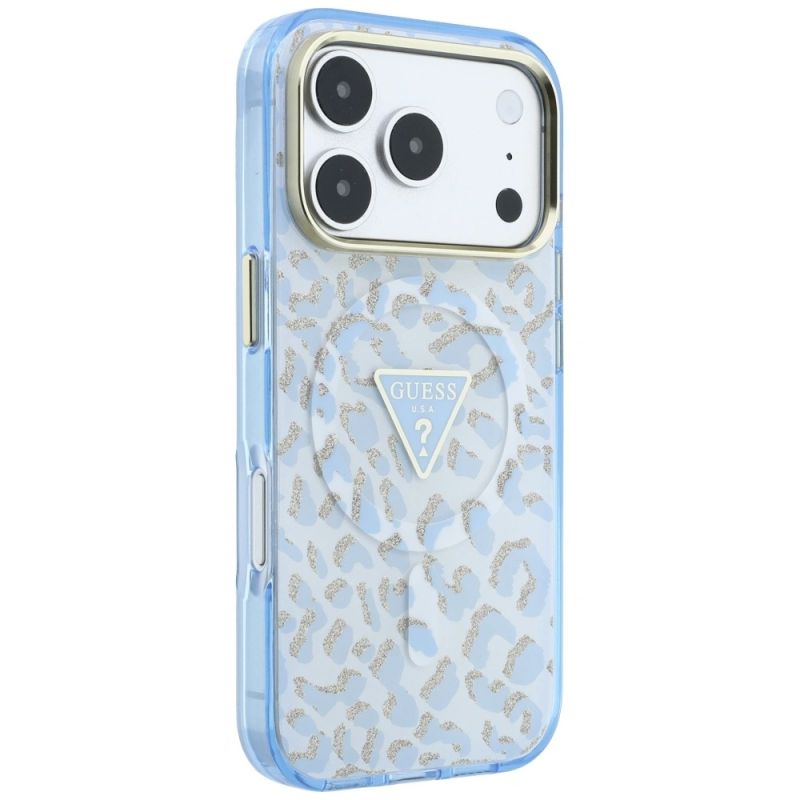 Etui Guess IML Leopard Glitter Triangle Logo MagSafe na iPhone 17 Pro Max / 18 Pro Max - niebieskie - obrazek 4