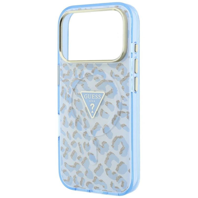 Etui Guess IML Leopard Glitter Triangle Logo MagSafe na iPhone 17 Pro Max / 18 Pro Max - niebieskie - obrazek 6