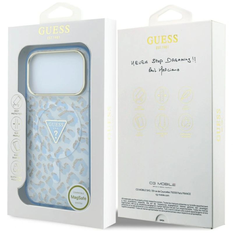 Etui Guess IML Leopard Glitter Triangle Logo MagSafe na iPhone 17 Pro Max / 18 Pro Max - niebieskie - obrazek 8