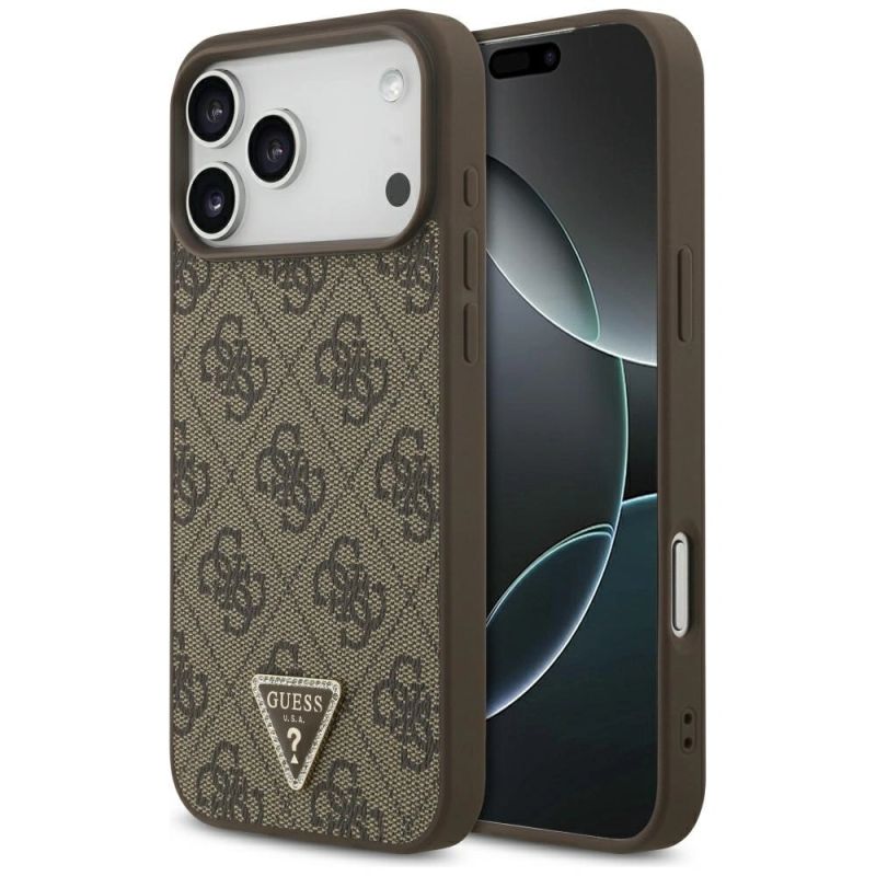 Etui Guess Leather 4G Triangle Strass MagSafe na iPhone 17 Pro Max / 18 Pro Max - brązowe