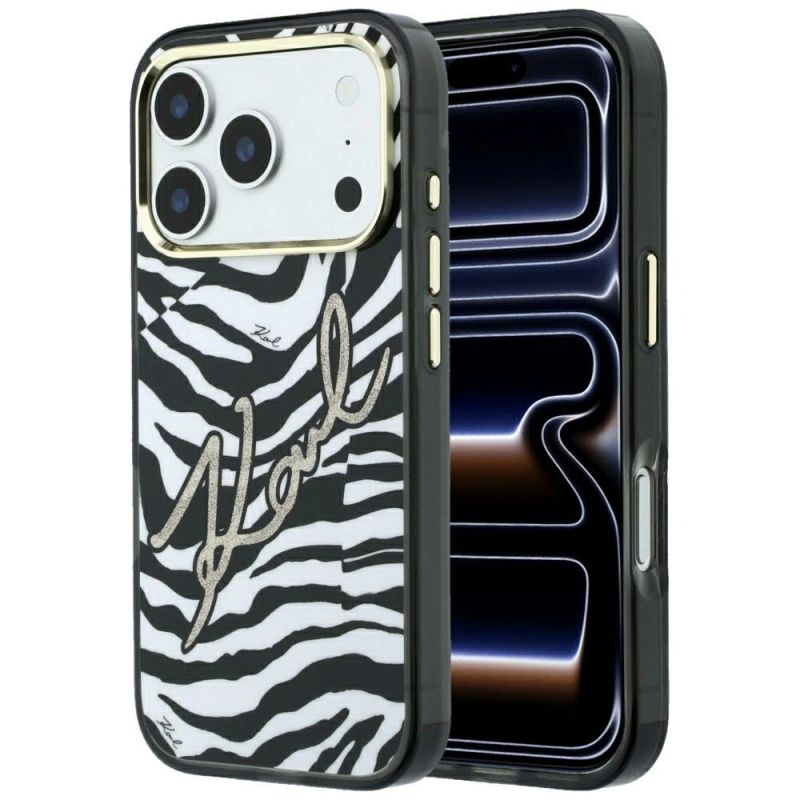 Etui Karl Lagerfeld IML Signature Zebra Glitter MagSafe na iPhone 17 Pro / 18 Pro - złote