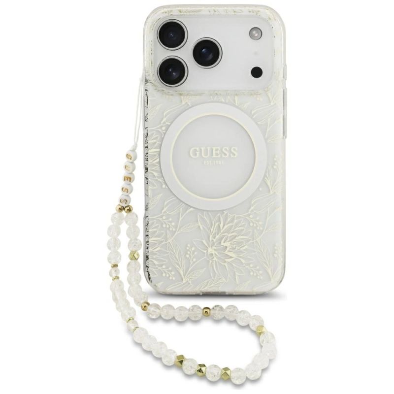 Etui Guess IML Flowers Allover Electroplated with Pearl Strap MagSafe na iPhone 18 Pro / 17 Pro - białe
