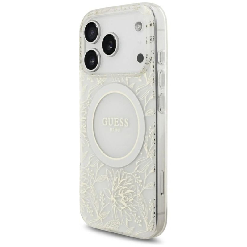 Etui Guess IML Flowers Allover Electroplated with Pearl Strap MagSafe na iPhone 18 Pro / 17 Pro - białe - obrazek 3