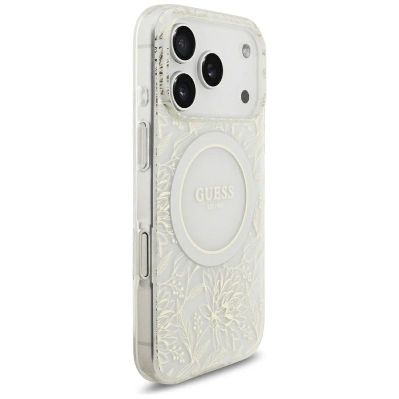 Etui Guess IML Flowers Allover Electroplated with Pearl Strap MagSafe na iPhone 18 Pro / 17 Pro - białe - obrazek 4