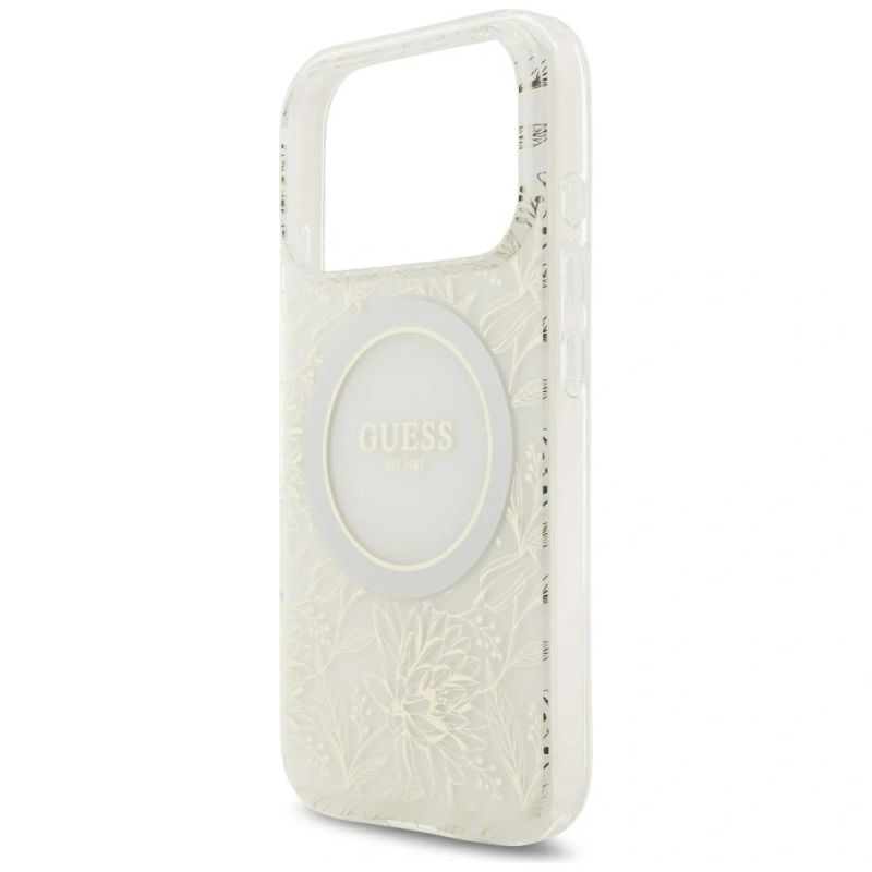Etui Guess IML Flowers Allover Electroplated with Pearl Strap MagSafe na iPhone 18 Pro / 17 Pro - białe - obrazek 6