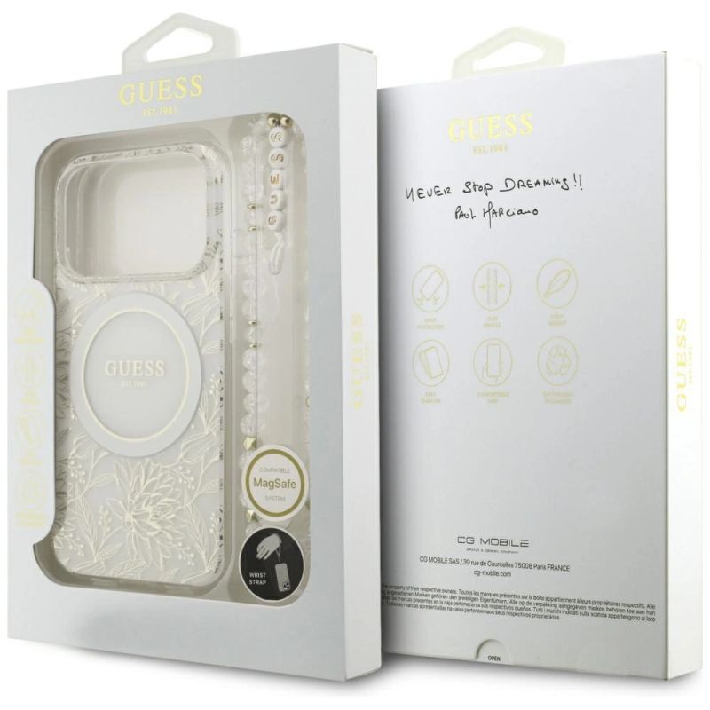 Etui Guess IML Flowers Allover Electroplated with Pearl Strap MagSafe na iPhone 18 Pro / 17 Pro - białe - obrazek 8
