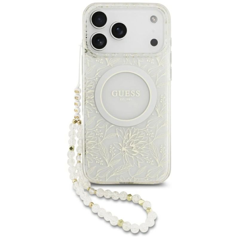 Etui Guess IML Flowers Allover Electroplated with Pearl Strap MagSafe na iPhone 18 Pro Max / 17 Pro Max - białe