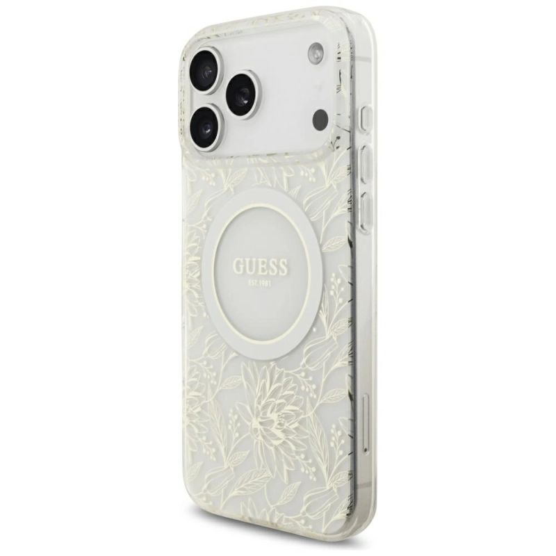 Etui Guess IML Flowers Allover Electroplated with Pearl Strap MagSafe na iPhone 18 Pro Max / 17 Pro Max - białe - obrazek 3
