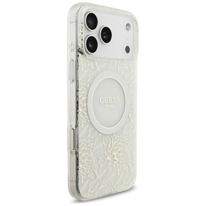 Etui Guess IML Flowers Allover Electroplated with Pearl Strap MagSafe na iPhone 18 Pro Max / 17 Pro Max - białe - obrazek 4