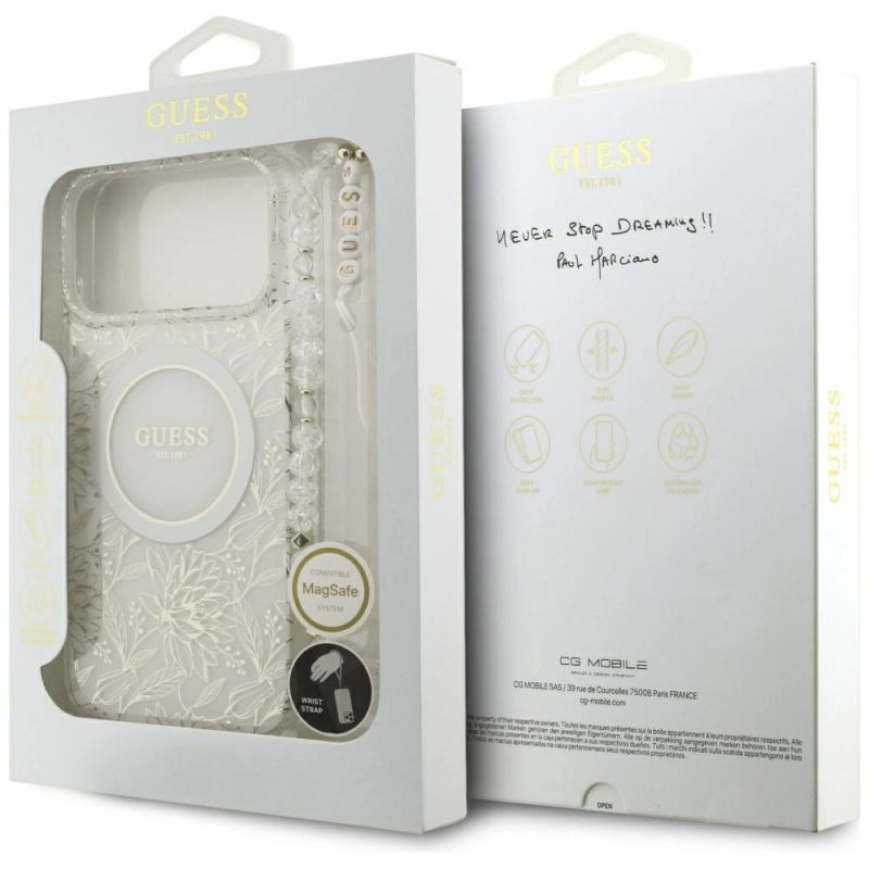 Etui Guess IML Flowers Allover Electroplated with Pearl Strap MagSafe na iPhone 18 Pro Max / 17 Pro Max - białe - obrazek 8