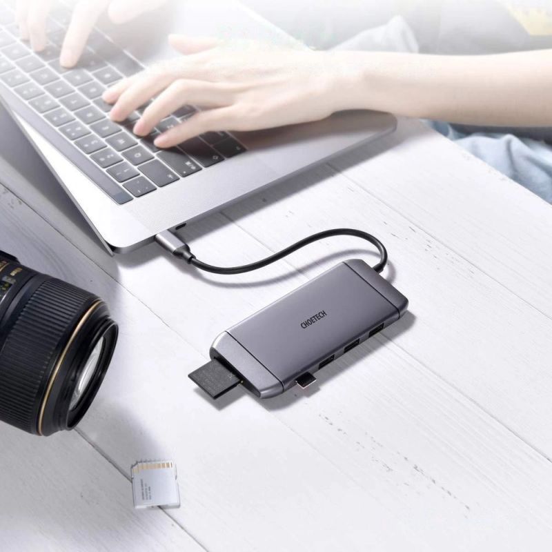 Choetech 9w1 wielofunkcyjny HUB USB Typ C - 3x USB 3.2 Gen 1 / czytnik kart SD i TF / HDMI 4K 30Hz / VGA Full HD 60Hz / USB Typ C / RJ45 szary (HUB-M15 gray) - obrazek 2