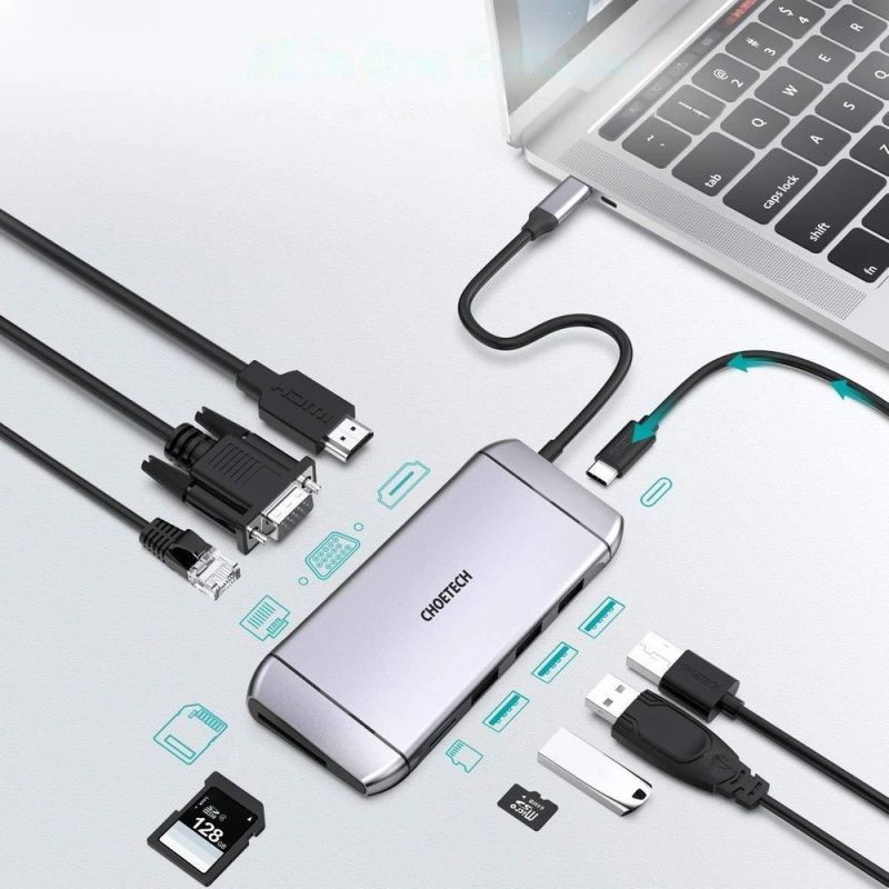 Choetech 9w1 wielofunkcyjny HUB USB Typ C - 3x USB 3.2 Gen 1 / czytnik kart SD i TF / HDMI 4K 30Hz / VGA Full HD 60Hz / USB Typ C / RJ45 szary (HUB-M15 gray) - obrazek 3