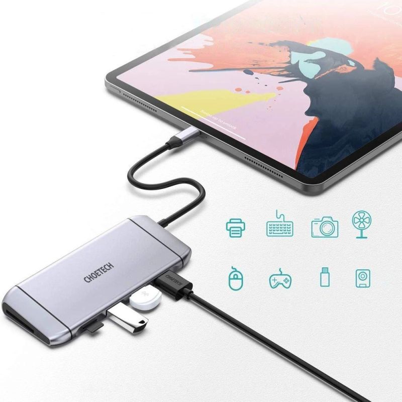 Choetech 9w1 wielofunkcyjny HUB USB Typ C - 3x USB 3.2 Gen 1 / czytnik kart SD i TF / HDMI 4K 30Hz / VGA Full HD 60Hz / USB Typ C / RJ45 szary (HUB-M15 gray) - obrazek 6