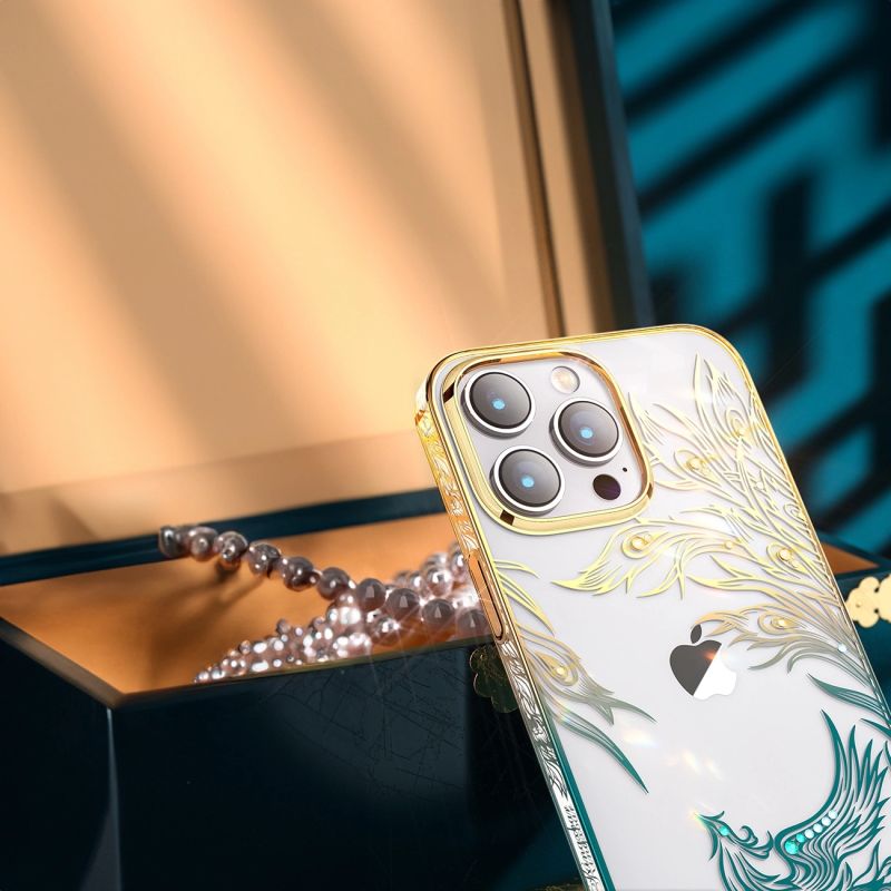 Luksusowe etui iPhone 14 Plus z kryształami Kingxbar Phoenix - złoto-niebieskie - obrazek 7