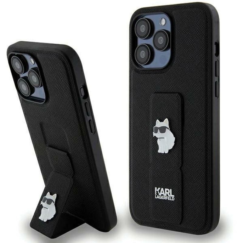 Etui Karl Lagerfeld Gripstand Saffiano Choupette Pins na iPhone 13 Pro Max - czarne