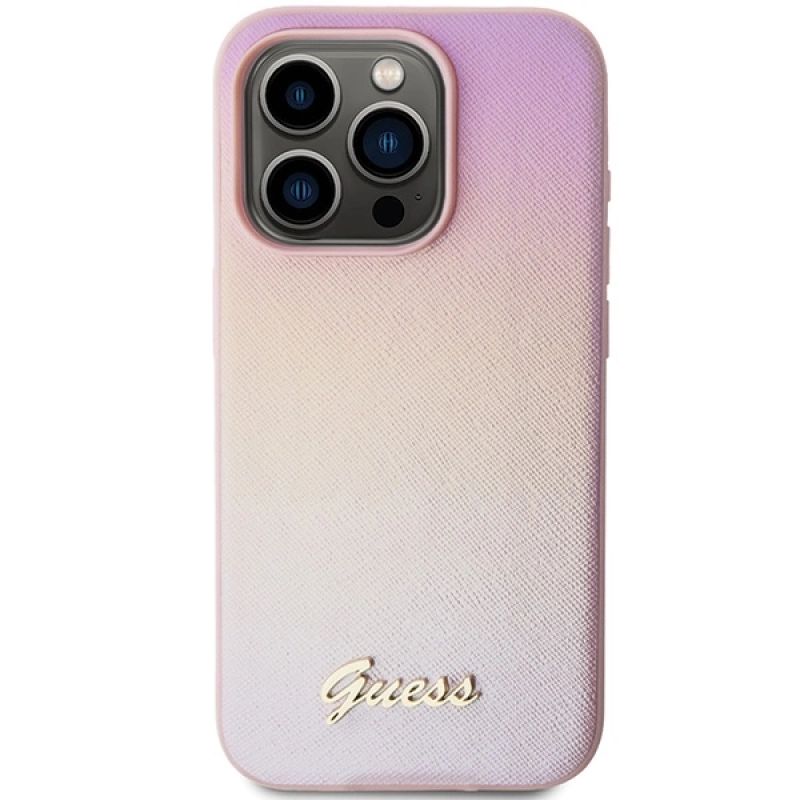 Etui Guess Saffiano Iridescent Script na iPhone 14 Pro Max - różowe - obrazek 3