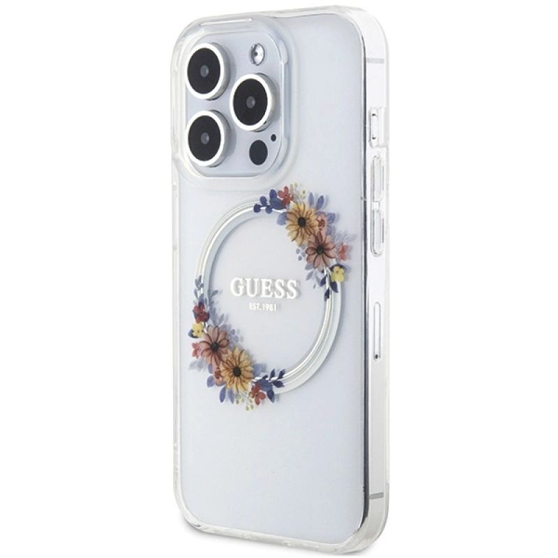 Etui Guess IML Flowers Wreatch MagSafe na iPhone 15 Pro Max - przezroczyste - obrazek 2