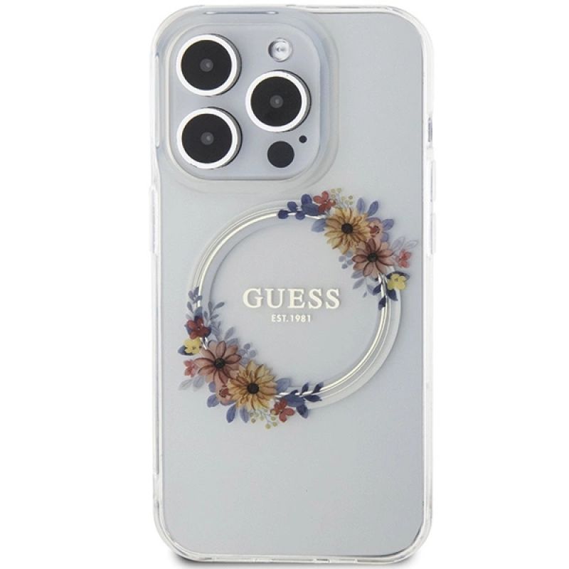 Etui Guess IML Flowers Wreatch MagSafe na iPhone 15 Pro Max - przezroczyste - obrazek 3