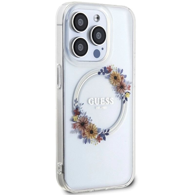 Etui Guess IML Flowers Wreatch MagSafe na iPhone 15 Pro Max - przezroczyste - obrazek 4