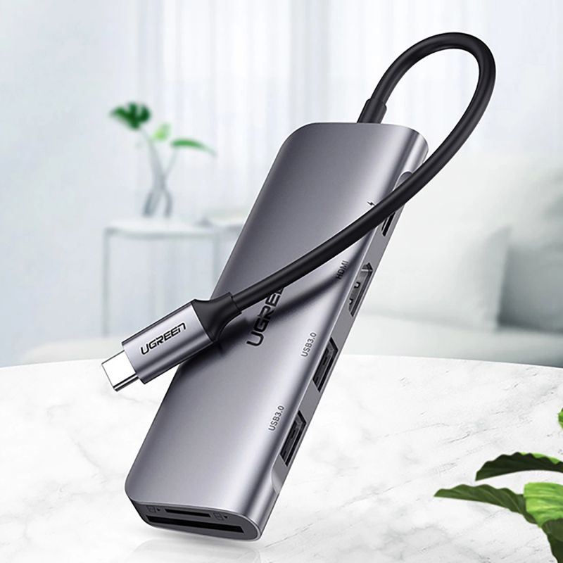 Adapter Ugreen CM195 6w1 USB-C - HDMI / 2x USB-A 3.0 / USB-C PD / czytnik SD / TF - szary - obrazek 2