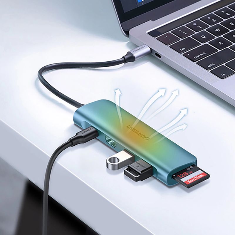 Adapter Ugreen CM195 6w1 USB-C - HDMI / 2x USB-A 3.0 / USB-C PD / czytnik SD / TF - szary - obrazek 5