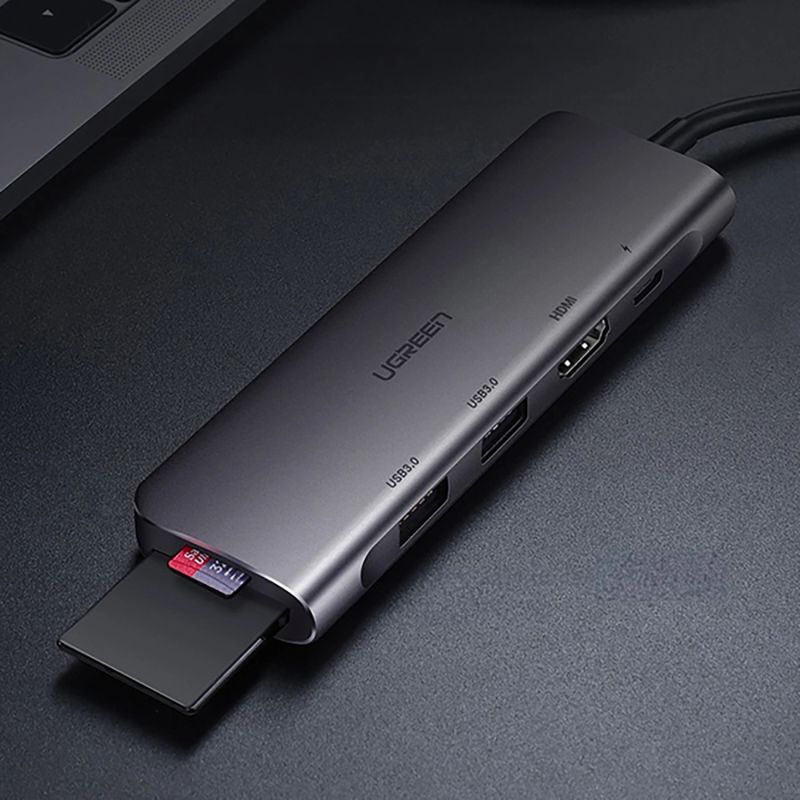 Adapter Ugreen CM195 6w1 USB-C - HDMI / 2x USB-A 3.0 / USB-C PD / czytnik SD / TF - szary - obrazek 6