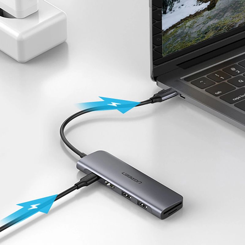 Adapter Ugreen CM195 6w1 USB-C - HDMI / 2x USB-A 3.0 / USB-C PD / czytnik SD / TF - szary - obrazek 7