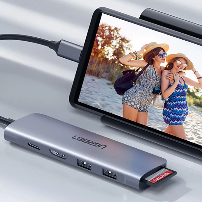 Adapter Ugreen CM195 6w1 USB-C - HDMI / 2x USB-A 3.0 / USB-C PD / czytnik SD / TF - szary - obrazek 8