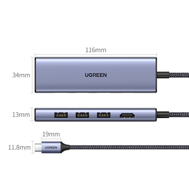 HUB Ugreen CM511 20956A 6w1 USB-C - HDMI / 3x USB-A 3.0 / czytnik kart SD/TF - szary - obrazek 2