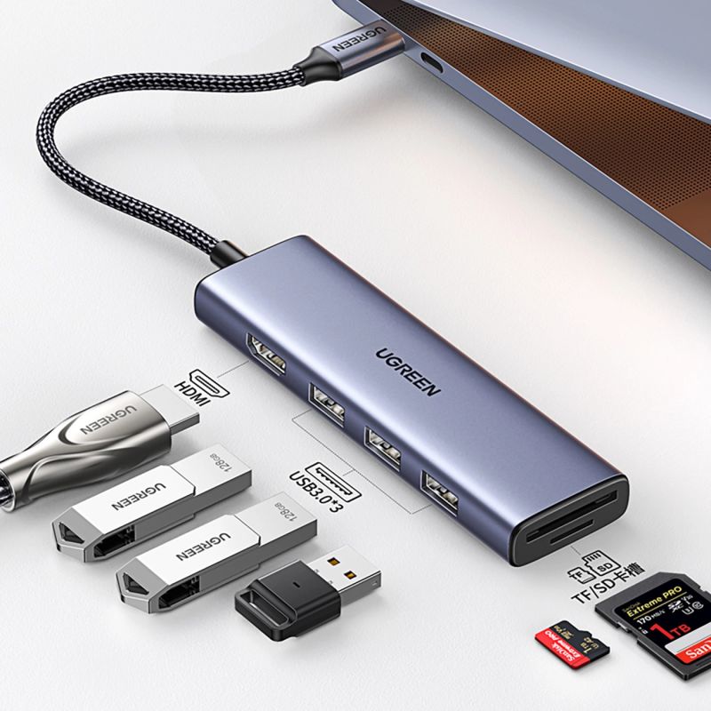 HUB Ugreen CM511 20956A 6w1 USB-C - HDMI / 3x USB-A 3.0 / czytnik kart SD/TF - szary - obrazek 6