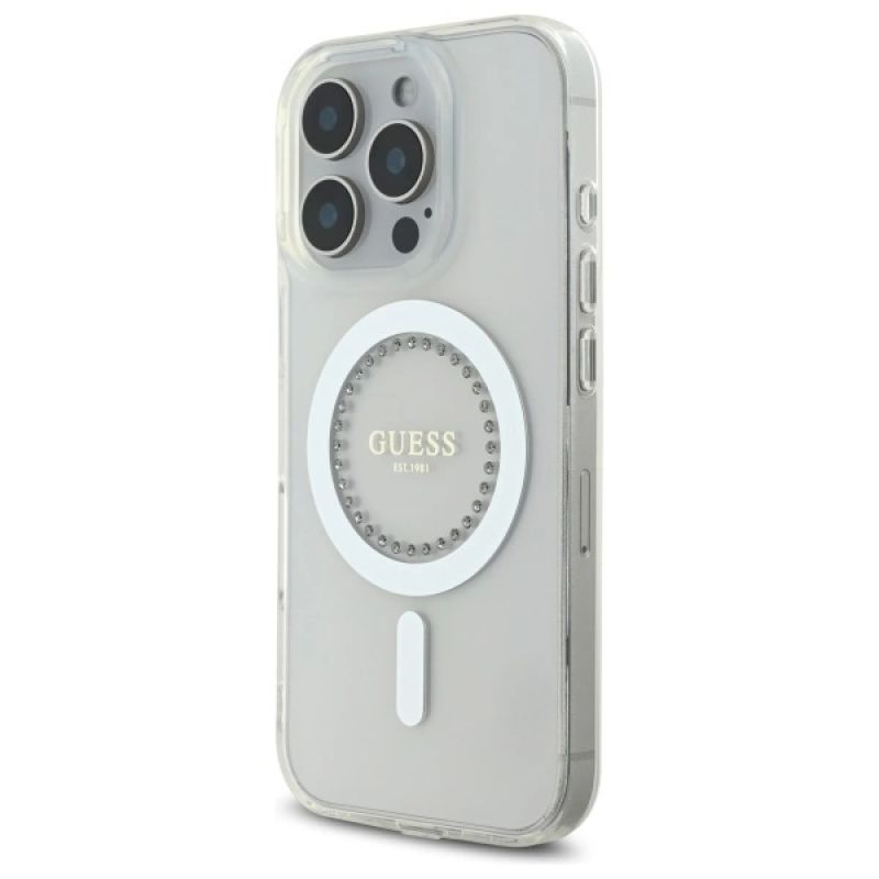 Etui Guess IML Rhinestones MagSafe na iPhone 16 Pro - białe - obrazek 2