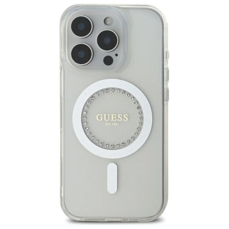 Etui Guess IML Rhinestones MagSafe na iPhone 16 Pro - białe - obrazek 3