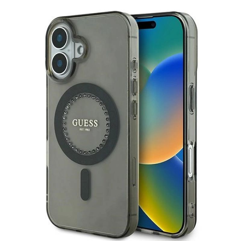 Etui Guess IML Rhinestones MagSafe na iPhone 16 - czarne