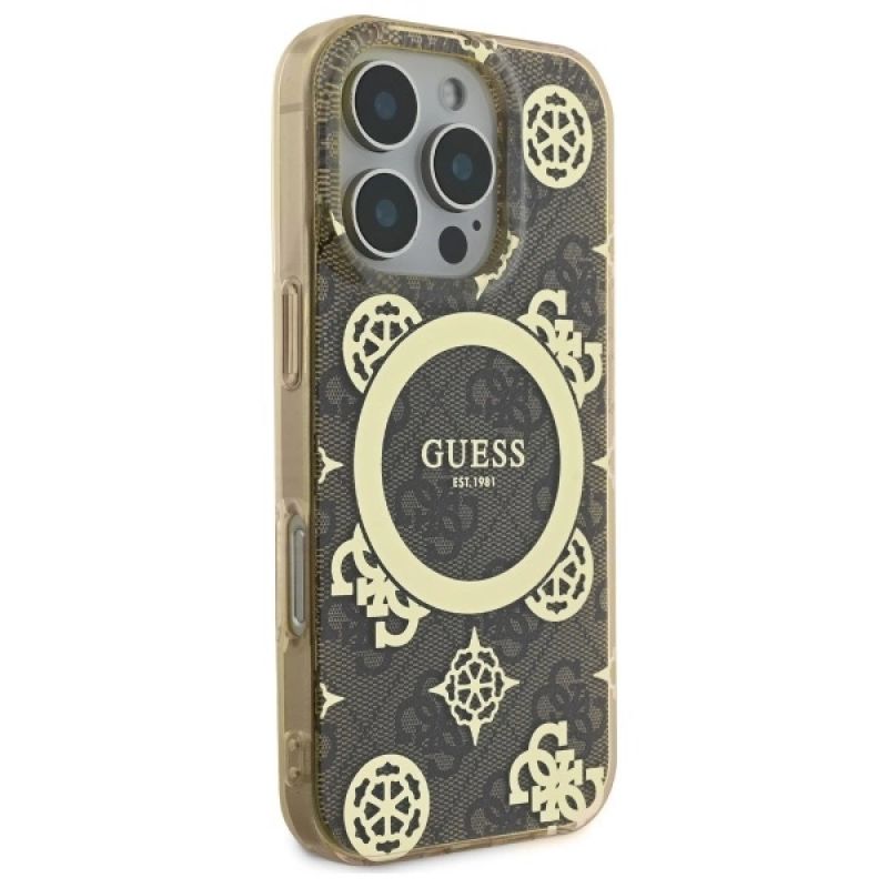 Etui Guess IML Peony On 4G Background MagSafe na iPhone 16 Pro - brązowe - obrazek 4