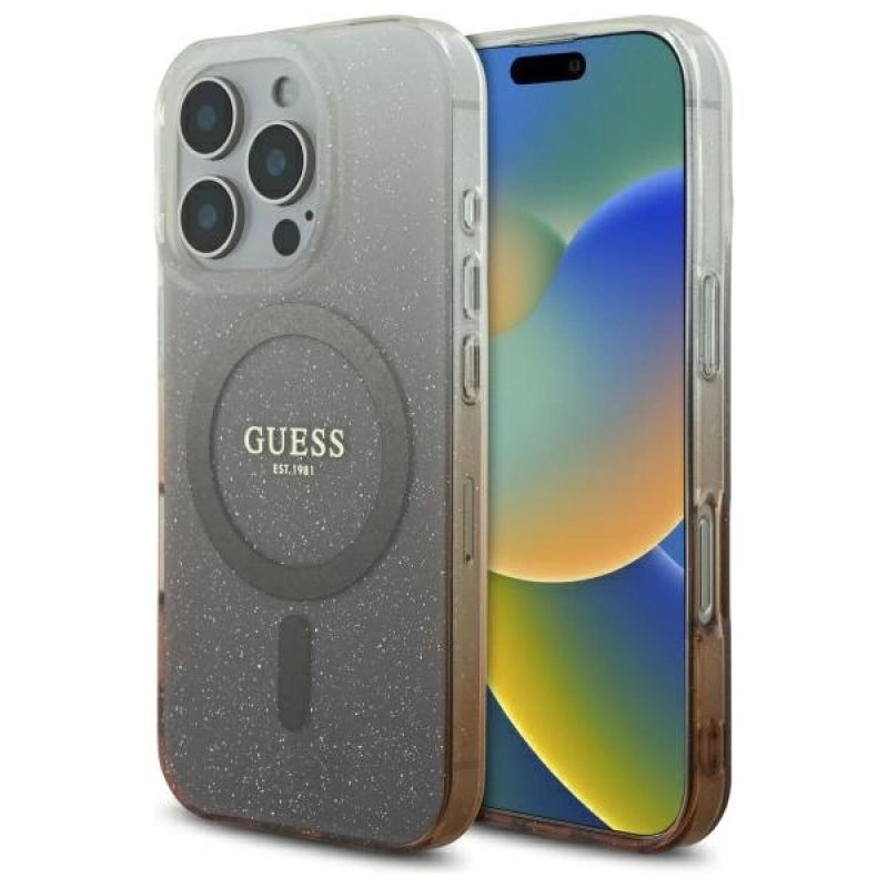 Etui Guess IML Glitter Gradient MagSafe na iPhone 16 Pro - brązowe