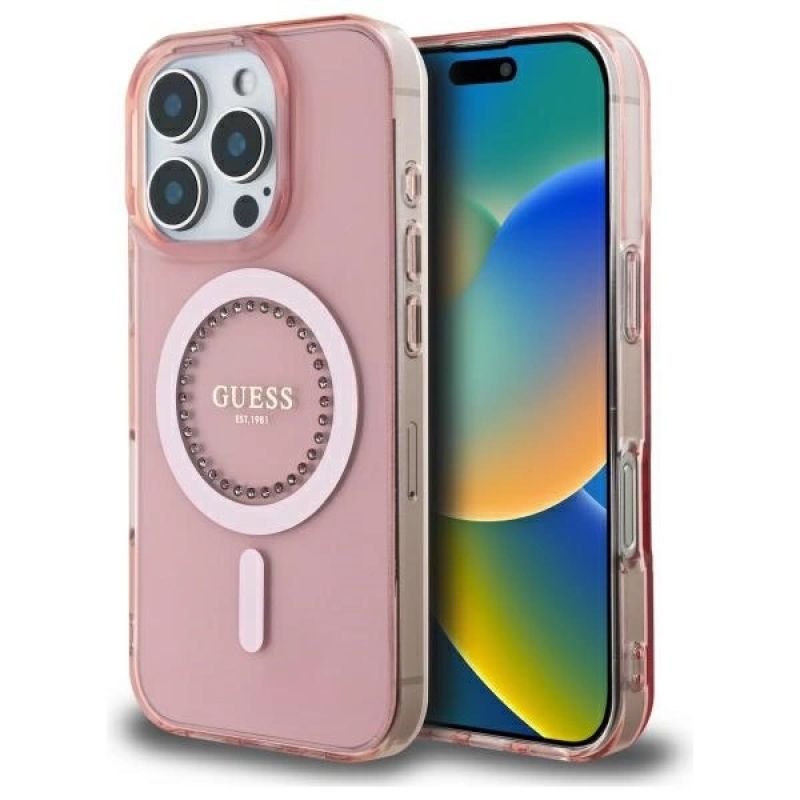 Etui Guess IML Rhinestones MagSafe na iPhone 16 Pro - różowe