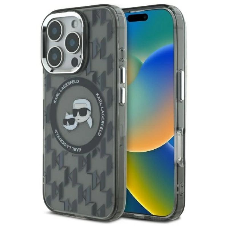 Etui Karl Lagerfeld IML Monogram Karl & Choupette Head MagSafe na iPhone 16 Pro - czarne