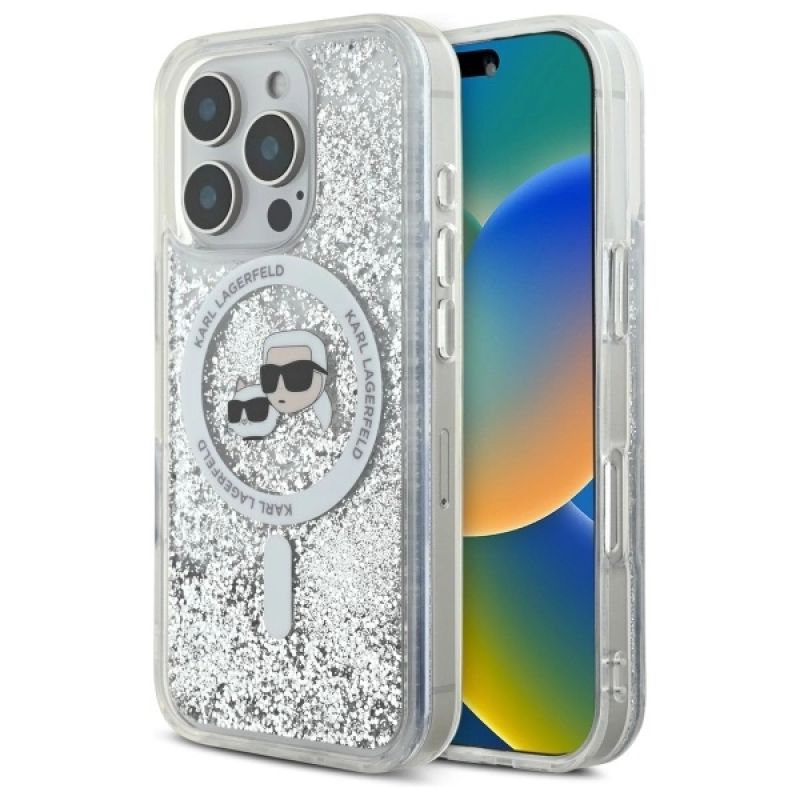 Etui Karl Lagerfeld Liquid Glitter Karl & Choupette Head Magsafe na iPhone 16 Pro - przezroczyste