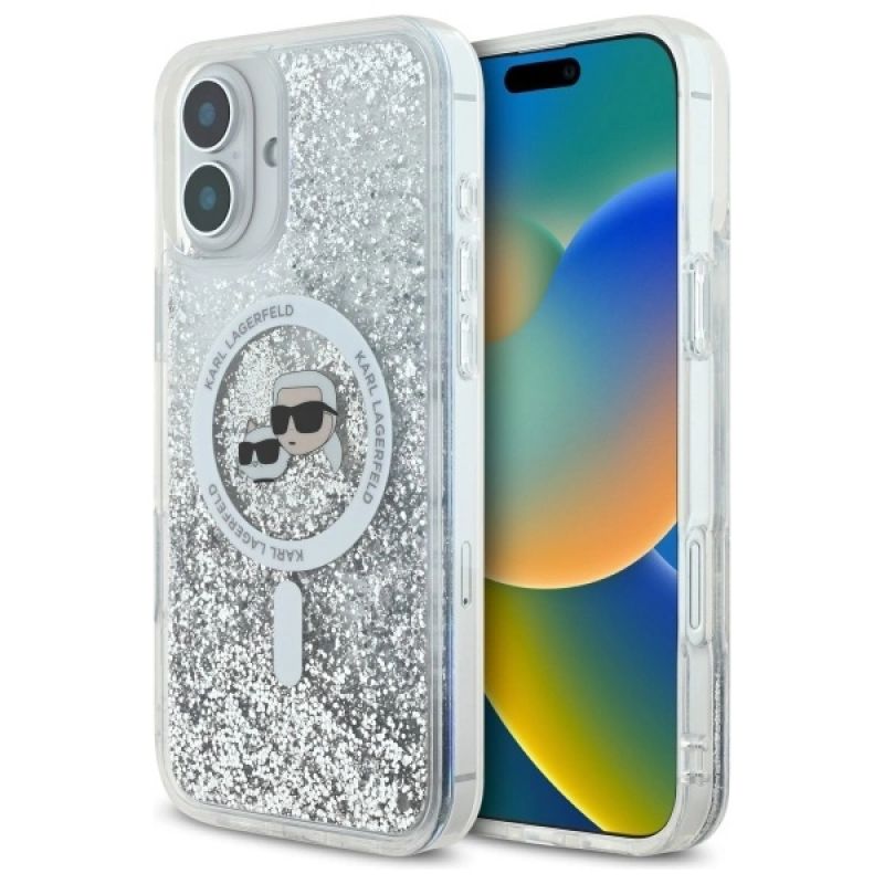 Etui Karl Lagerfeld Liquid Glitter Karl & Choupette Head Magsafe na iPhone 16 Plus - przezroczyste