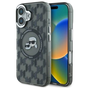 Etui Karl Lagerfeld IML Monogram Karl & Choupette Head MagSafe na iPhone 16 - czarne